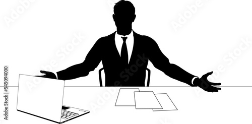 Man in silhouette wearing a business suit at a desk with laptop and paperwork