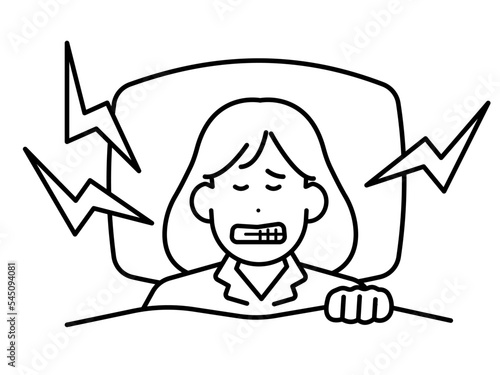 就寝中歯ぎしりをする女性のイラスト素材　線画のみ
