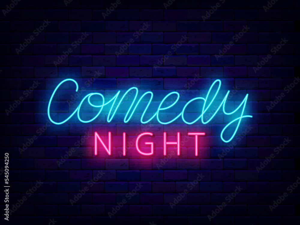 Comedy night neon lettering on brick wall. Comedian show. Comic evening performance. Vector stock illustration