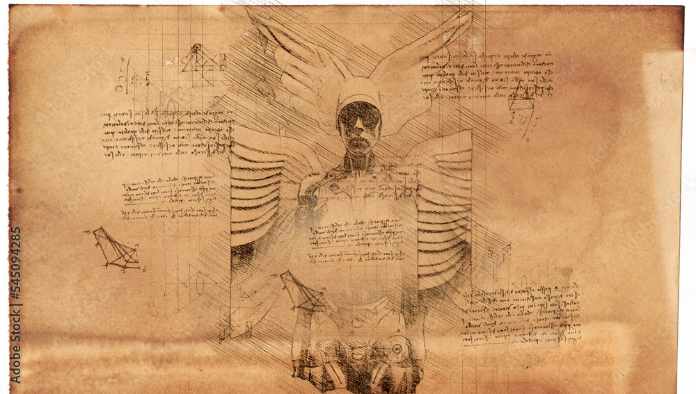 3d illustration - womans angel drawing in style of Leonardo Da Vinci ...