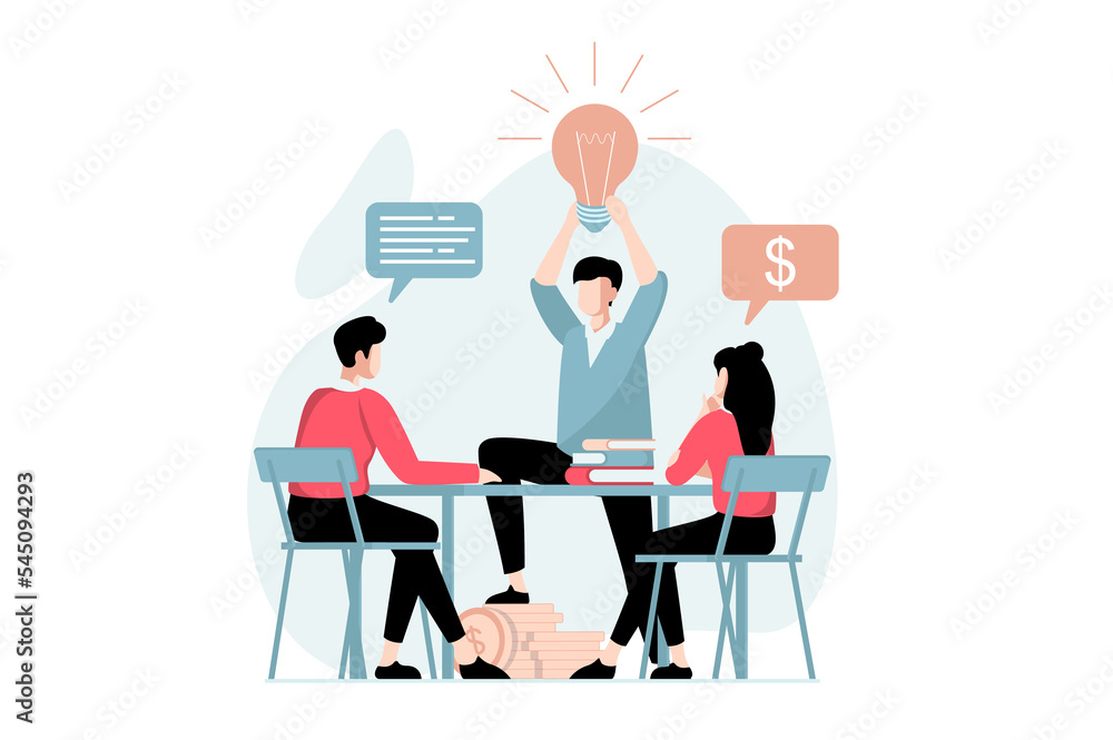 Business making concept with people scene in flat design. Colleagues generate new ideas and solutions on brainstorming meeting in conference room. Illustration with character situation for web