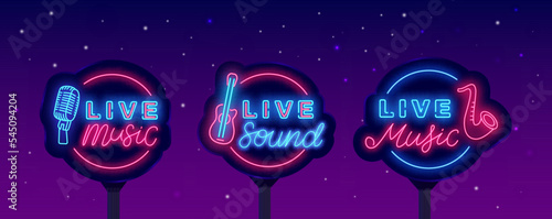 Music festival neon street billboards collection. Live sound sign. Party labels. Vector stock illustration