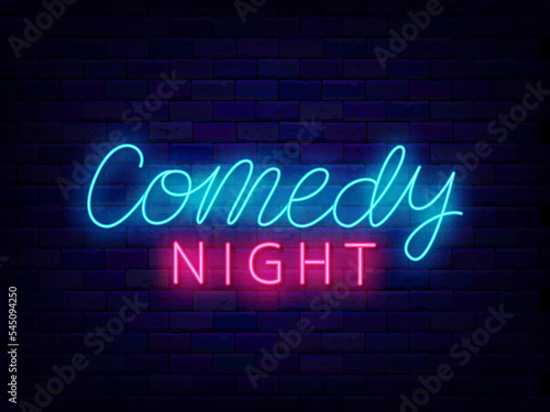 Comedy night neon lettering on brick wall. Comedian show. Comic evening performance. Vector stock illustration