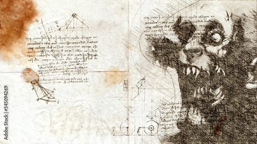 Fotografija 3d illustration - womans angel  of death drawing in style of Leonardo Da Vinci