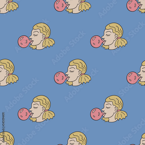 Girl blowing bubble gum vector seamless pattern. Cute repeat background for textile, design, fabric, cover etc.