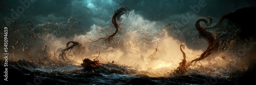 Kraken attack. Storm. Wave. Fantasy scenery.