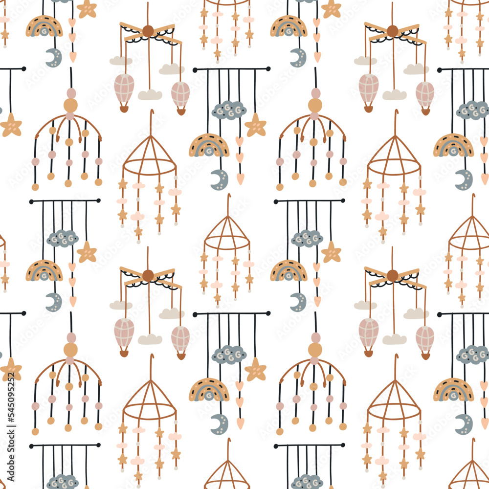 Seamless Pattern Lullaby Mobile. Baby Shower Scandinavian pastel wallpaper. Textile fabric design for kids. Flat bohemian vector neutral background paper