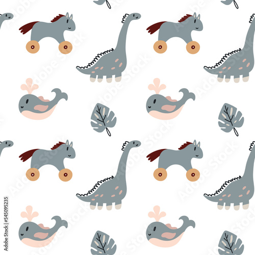 Seamless pattern horse dinosaur whale. Baby Shower Scandinavian pastel wallpaper. Textile fabric design for kids. Flat bohemian vector neutral background paper