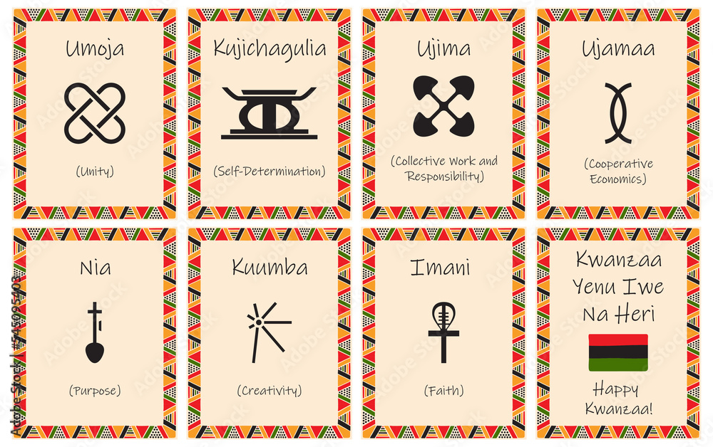 A set of cards with seven signs of the Kwanzaa principles. Symbol with names in Swahili. Poster with an ethnic African pattern in traditional colors. Vector illustration
