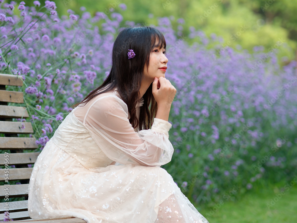 Beautiful woman in white dress sitting on bench among purple Verbena Bonariensis flower field, charming Chinese girl with black long hair enjoy her leisure time outdoor. Beautiful woman in white dress sitting on bench among purple Verbena Bonariensis flower field, charming Chinese girl with black long hair enjoy her leisure time outdoor.