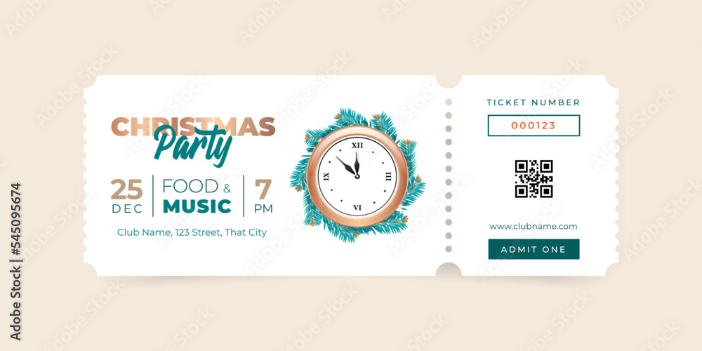 Christmas Party ticket template. Illustration of a gold clock decorated with fir tree branches on a white background. Vector 10 EPS. - obrazy, fototapety, plakaty 