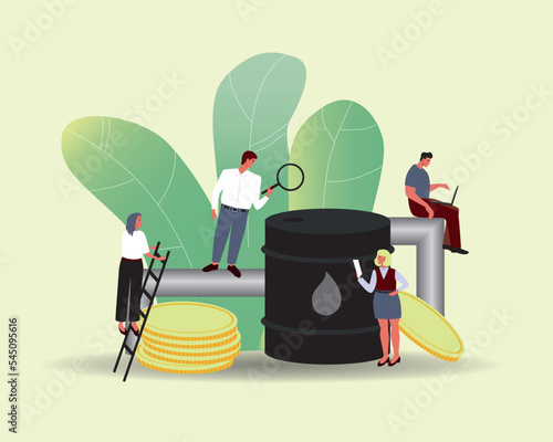 Examination of oil pipeline with barrel of oil, flat vector stock illustration with leaves is isolated, people conduct examination
