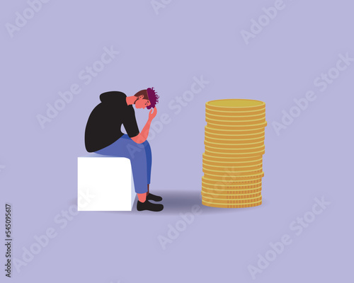 Financial problems of person, flat vector stock illustration is isolated, stack of coins as debt or tax