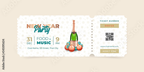 New Year Party ticket template. Illustration of a champagne bottle decorated with Christmas balls and fir tree branches on a white background with gold snowflakes. Vector 10 EPS.