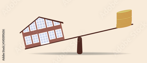 Financial scales with real estate and coins, flat vector stock illustration isolated