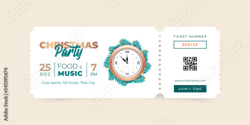 Christmas Party ticket template. Illustration of a gold clock decorated with fir tree branches on a white background. Vector 10 EPS.