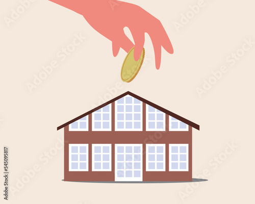 Renting property or paying utility bills, flat vector stock illustration with country house, hand and coin is insulated for design