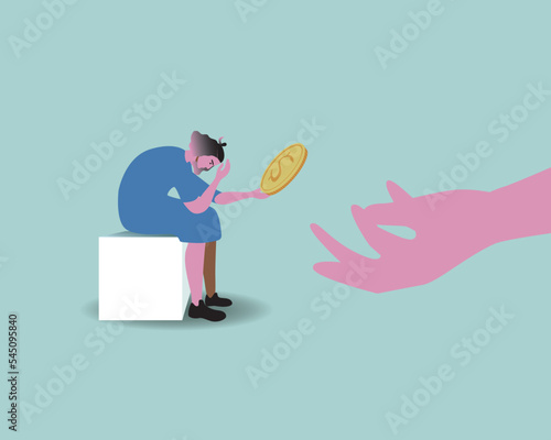Sad woman gives last coin as concept of financial problems, bankruptcy and poverty, flat vector stock illustration isolated