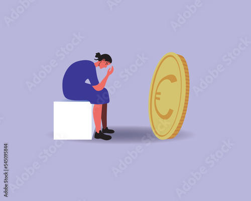 Sad woman with euro coin as concept of financial crisis, flat vector stock illustration isolated