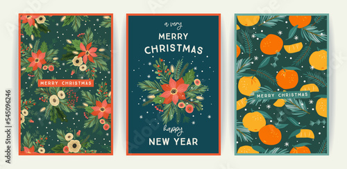 Set of Christmas and Happy New Year cards. Cute bright illustrations witn New Year symbols.. Vector designs.