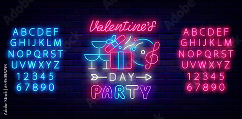 Valentines Day party neon signboard. February season celebration. Night club event. Vector stock illustration