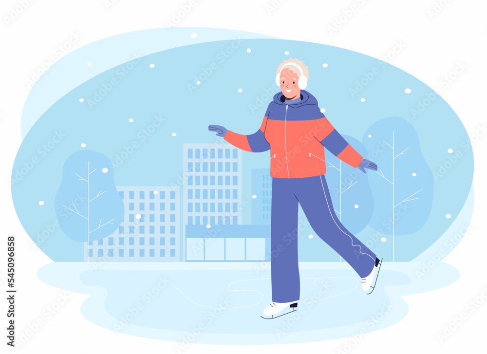 Elderly woman skating on ice. Senior woman leading an active lifestyle. Concept of active healthy lifestyle of seniors.