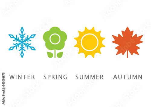 Four seasons icons, signs, symbols. Winter spring summer fall. Snowflake, leaf, sun, autumn leaf. Nature and seasons