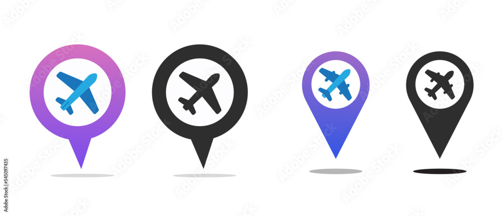 Plane map pin pointer marker icon as airport location point graphic vector illustrated, airplane fly destination pictogram, flight guide symbol element design modern image Plane map pin pointer marker icon as airport location point graphic vector illustrated, airplane fly destination pictogram, flight guide symbol element design modern image
