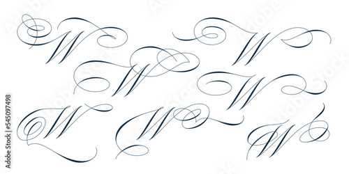 Set of beautiful calligraphic flourishes on capital letter W isolated on white background for decorating text and calligraphy on postcards or greetings cards. Vector illustration.