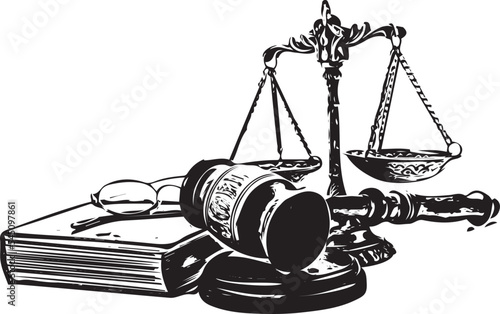Court and law objects vector and illustration, law and justice objects and symbols, Justice scales and wood judge gavel. Wooden hammer with law code books