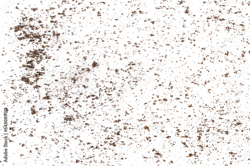 Soil scattered isolated on white, background and texture, top view
