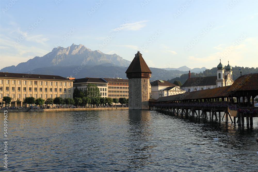 The Chapel  Bridge over the Lucerne lake, in the old town of Lucerne.