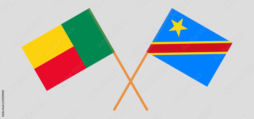 Crossed flags of Benin and Democratic Republic of the Congo. Official colors. Correct proportion Crossed flags of Benin and Democratic Republic of the Congo. Official colors. Correct proportion