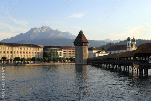 The Chapel Bridge over the Lucerne lake, in the old town of Lucerne.