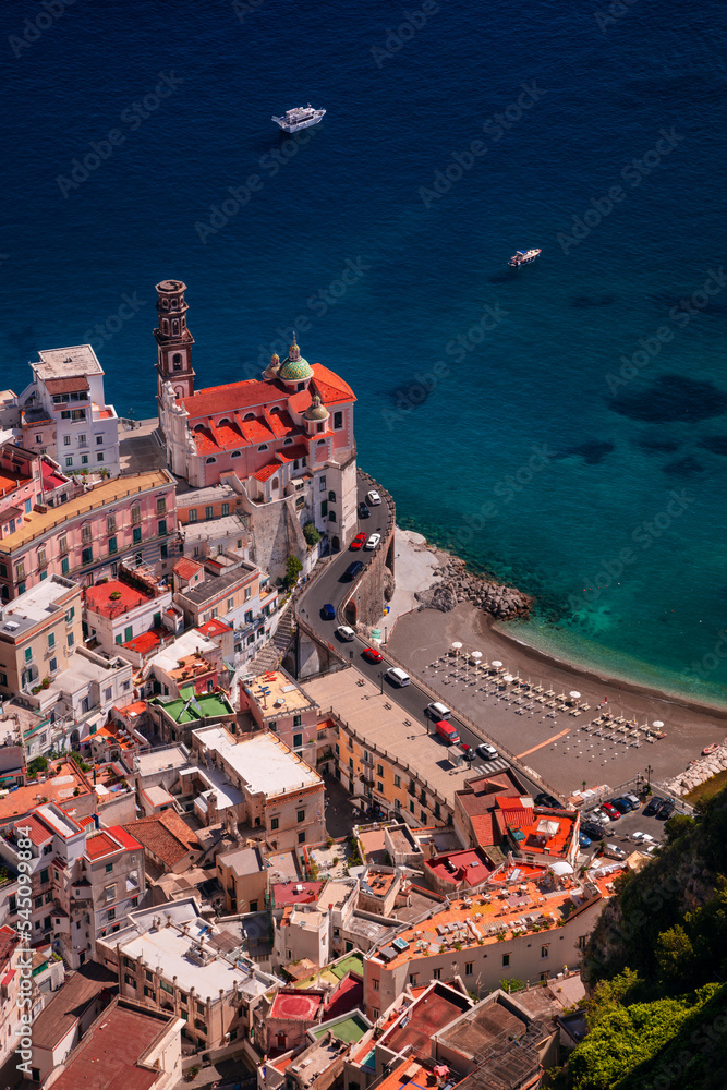 Atrani, Amalfi Coast, Italy. Aerial cityscape image of famous city Atrani located on Amalfi Coast, Italy at sunny summer day.