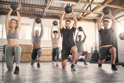 Fototapeta Naklejka Na Ścianę i Meble -  Fitness team, ball and exercise training with workout coach for healthy lifestyle motivation. Sports wellness class, muscle health and body endurance or weight bodybuilder group together on gym floor