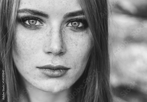 Beautiful woman natural face freckles casual female monochrome portrait lifestyle beauty girl