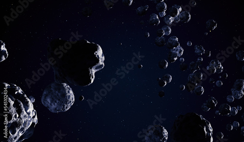 Fototapeta Naklejka Na Ścianę i Meble -  Asteroid field in the outer space. 3D rendering.