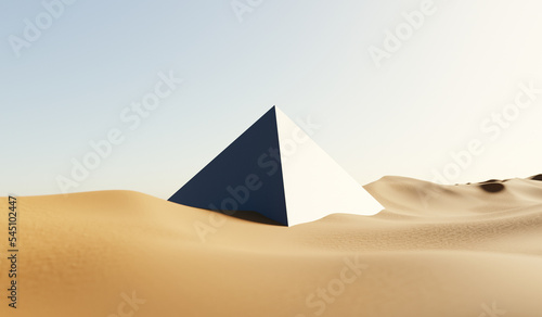 Surreal desert landscape with pyramid. 3D rendering.