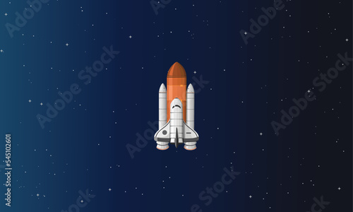 Rocket Space Shuttle or Spaceship Launch and Fly on the Dark Starry Sky in Outer Space Vector Illustration, Good for Banner Poster about Science Education Astronomy Web Wallpaper Content