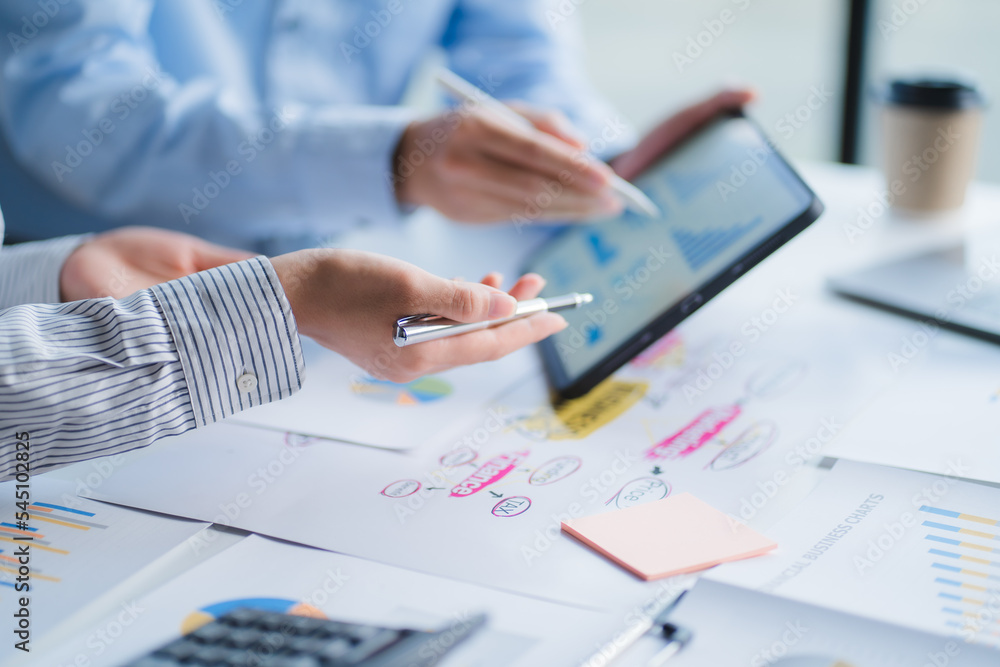 Fototapeta premium Group of business people meeting together Pointing to the graph assess business profits.