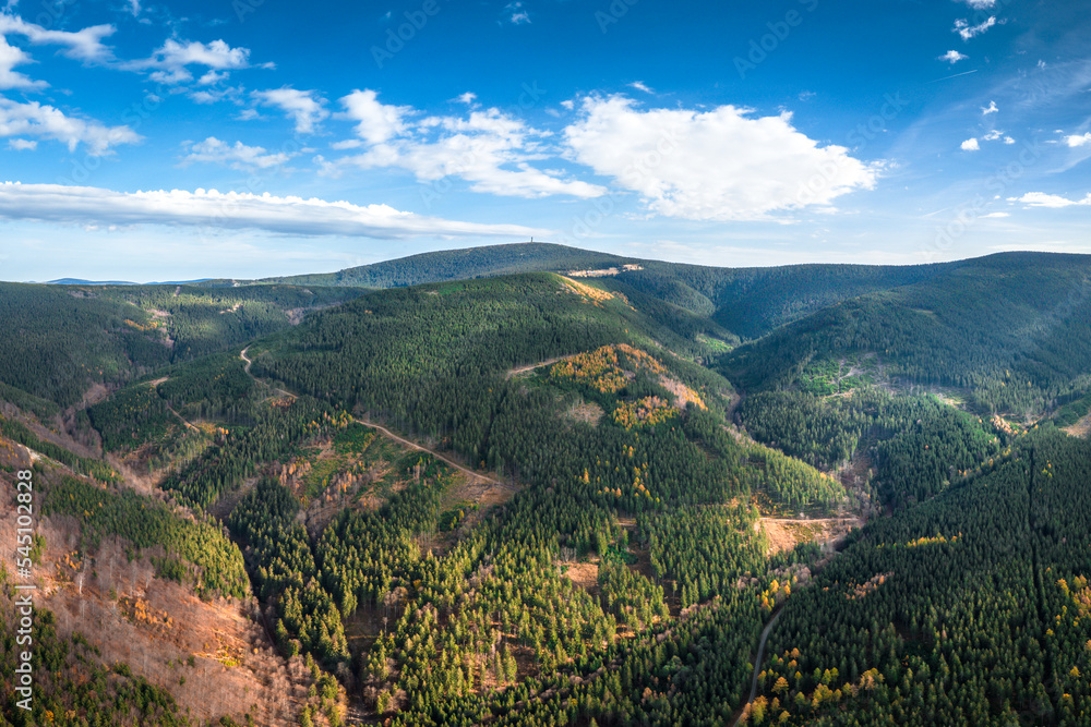 Fototapeta premium Śnieżnik mountain aerial shot in autumn.