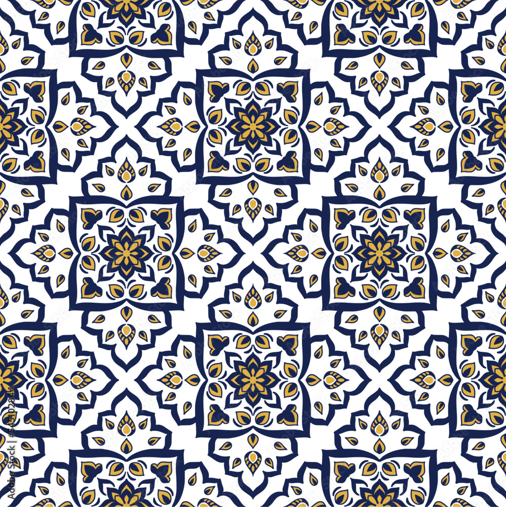 Tile seamless pattern design. With blue and yellow motifs background. Vector illustation Eps10 Tile seamless pattern design. With blue and yellow motifs background. Vector illustation Eps10