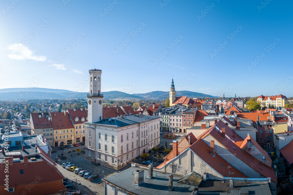 Bystrzyca Kłodzka city hall aerial view in autumn.