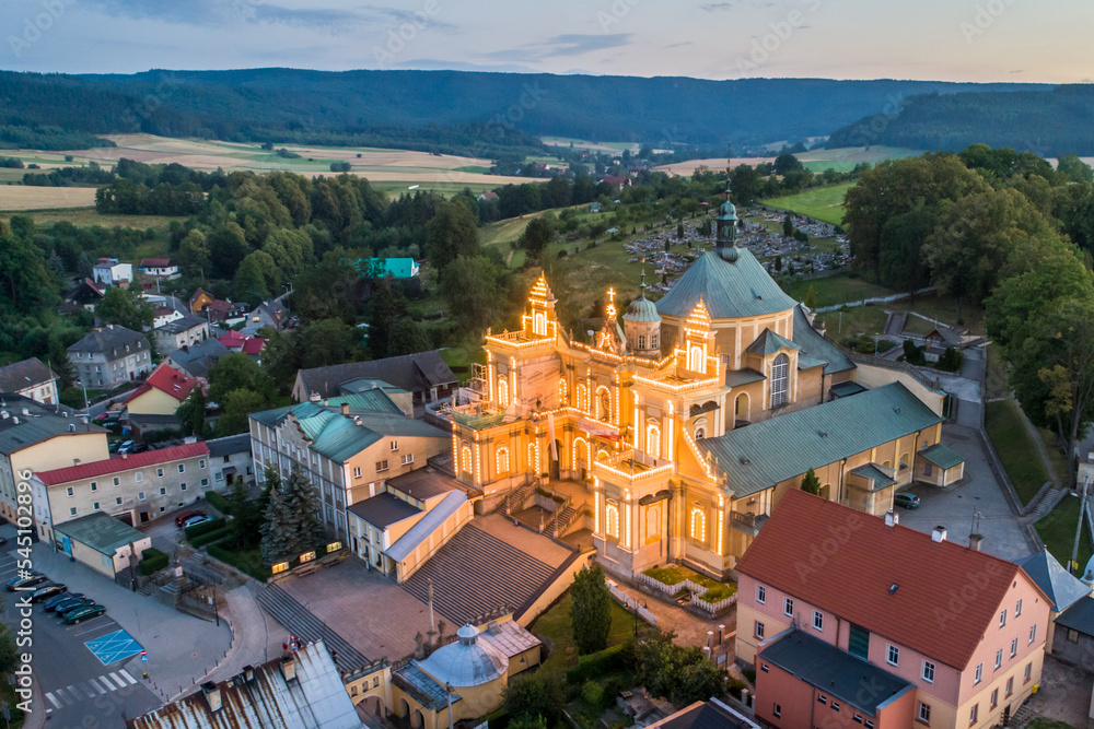 Wambierzyce Basilica and Sanctuary aerial image at dawn in the summer, view from the north.