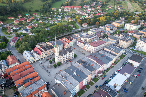 Lądek Zdrój old town square aerial shot.