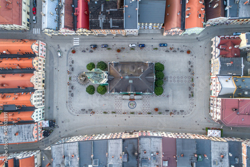 Topdown aerial shot of Ladek Zdroj city hall and old town centre. photo