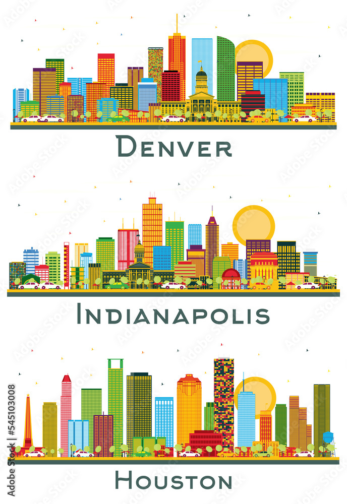 Indianapolis, Houston Texas and Denver Colorado USA City Skyline Set.