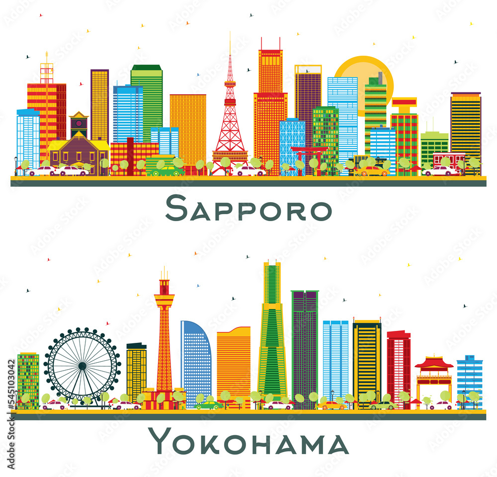 Yokohama and Sapporo Japan City Skyline Set.