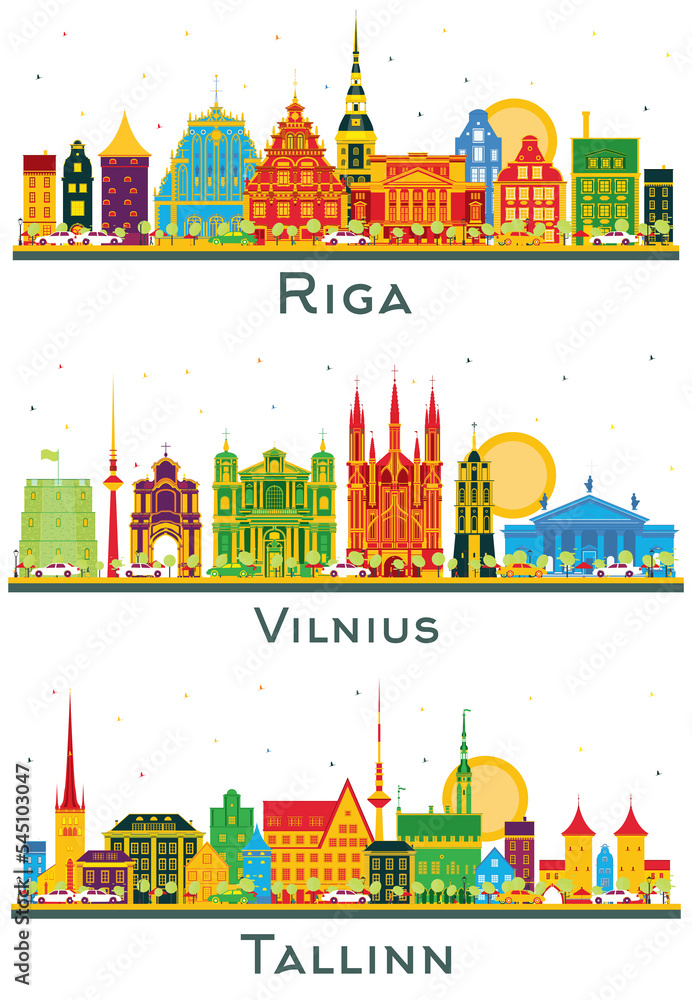 Vilnius Lithuania, Tallinn Estonia and Riga Latvia City Skyline Set.